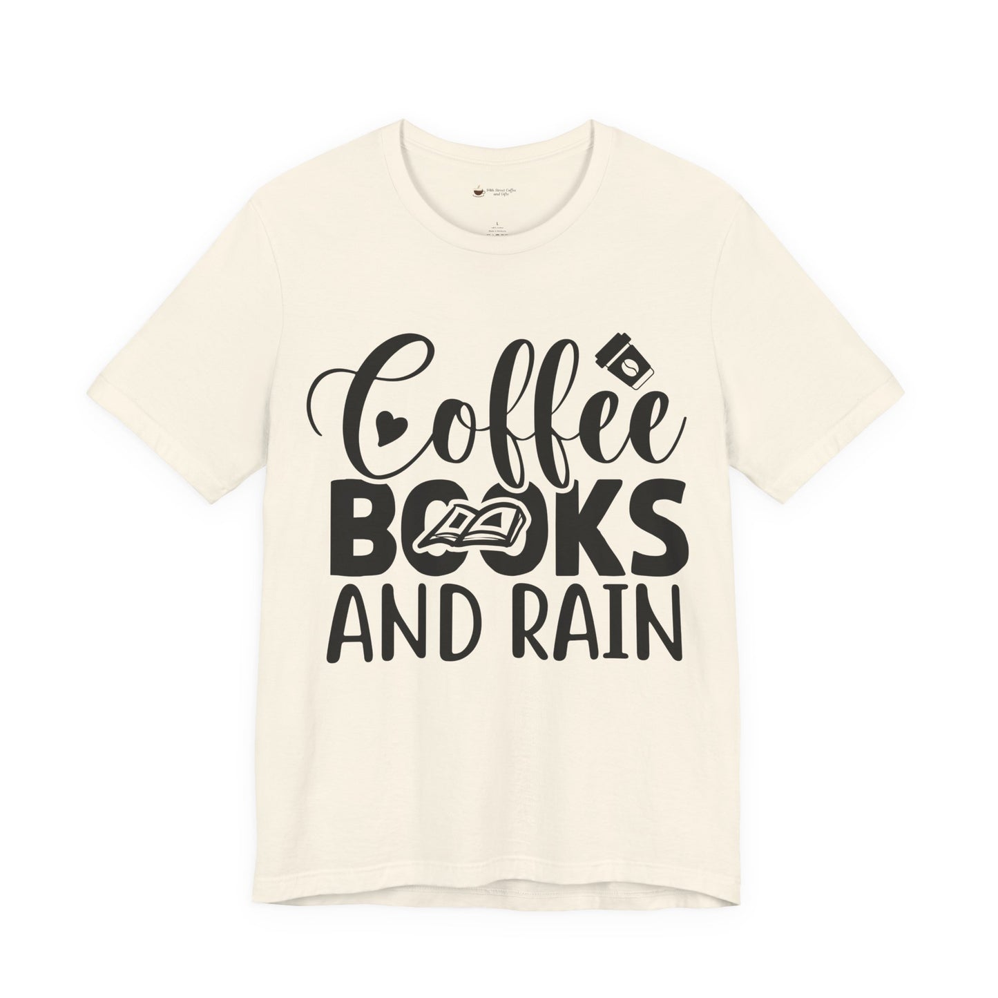 Coffee Books & Rain Tee, Unisex T-Shirt for Coffee Lovers, Perfect for Gifts, Daily Wear, Casual Style, Motivational Apparel