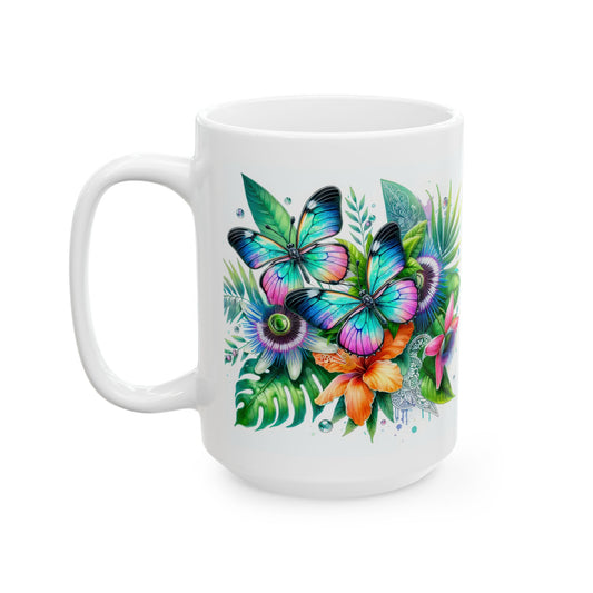 Tropical Floral Ceramic Mug - Vibrant Butterfly Design for Coffee Lovers, Gift for Her, Home Décor, Greenery Lover, Tropical Vibe