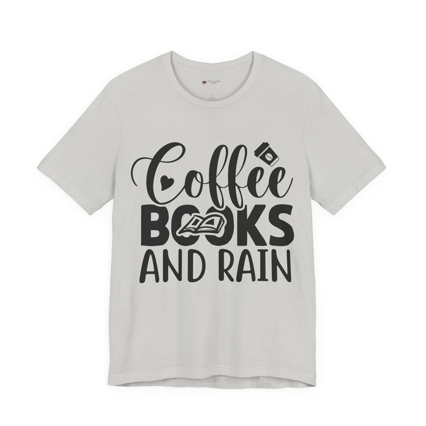 Coffee Books & Rain Tee, Unisex T-Shirt for Coffee Lovers, Perfect for Gifts, Daily Wear, Casual Style, Motivational Apparel