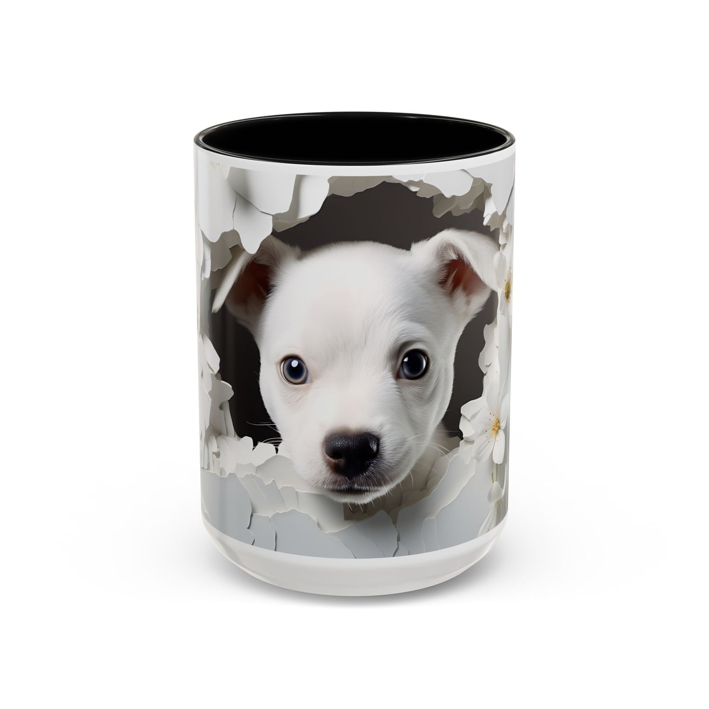 White Puppy Accent Coffee Mug - Cute Dog Lover Gift, Animal Themed Kitchenware, Pet Owner Coffee Cup, Floral Mug, Puppy Decor