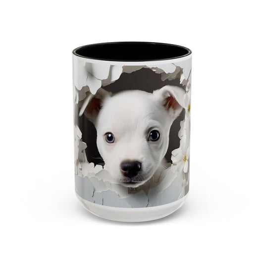 White Puppy Accent Coffee Mug - Cute Dog Lover Gift, Animal Themed Kitchenware, Pet Owner Coffee Cup, Floral Mug, Puppy Decor