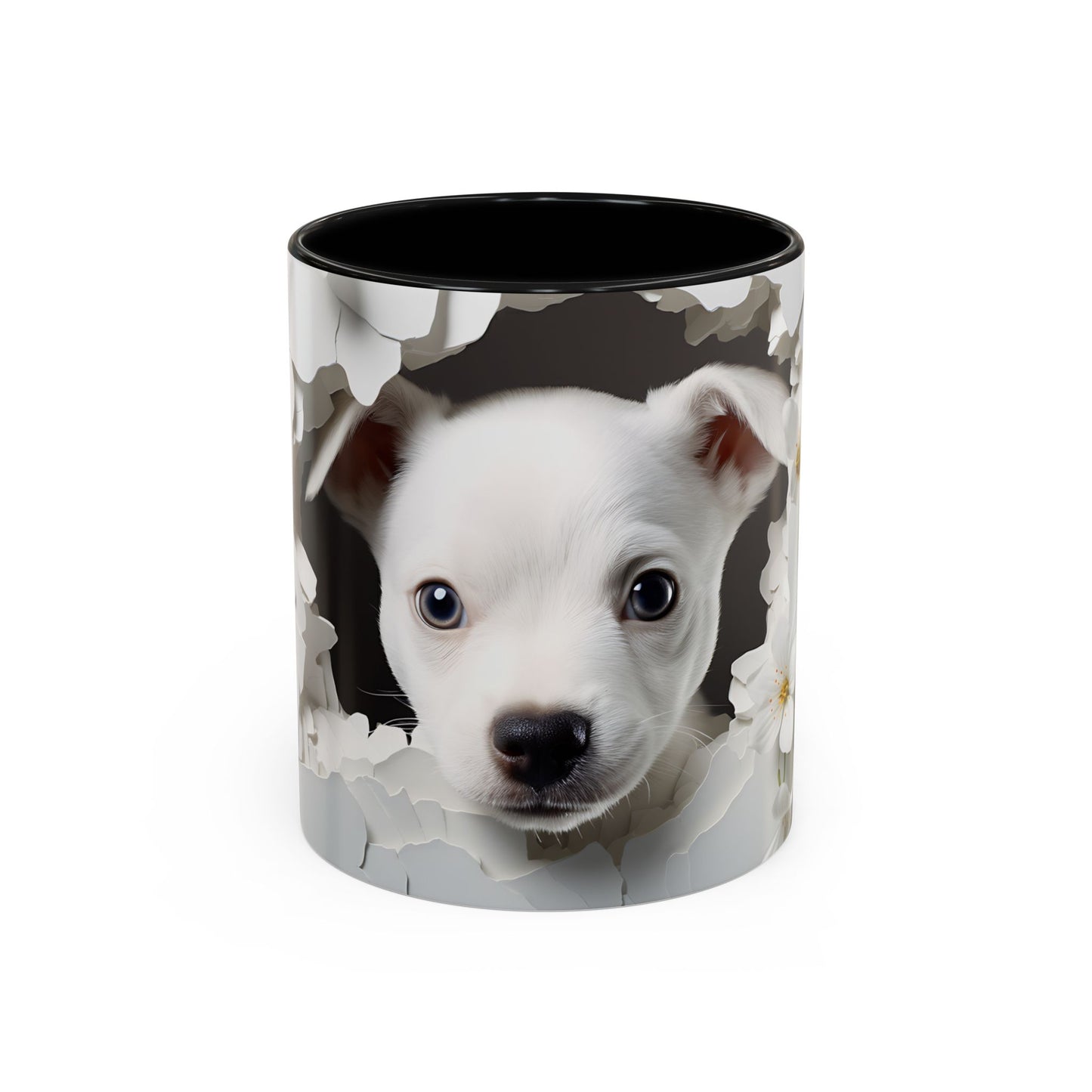 White Puppy Accent Coffee Mug - Cute Dog Lover Gift, Animal Themed Kitchenware, Pet Owner Coffee Cup, Floral Mug, Puppy Decor