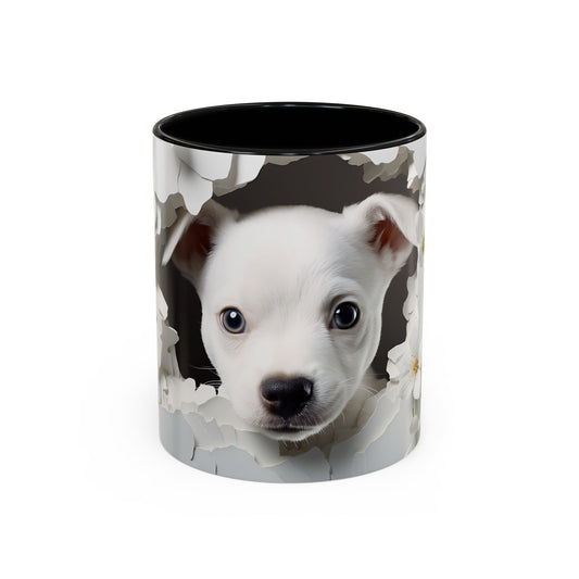 White Puppy Accent Coffee Mug - Cute Dog Lover Gift, Animal Themed Kitchenware, Pet Owner Coffee Cup, Floral Mug, Puppy Decor