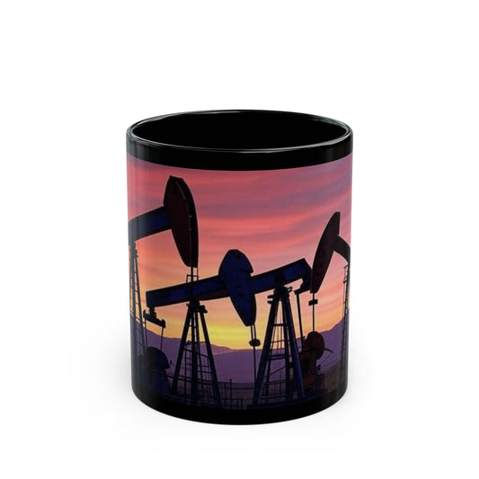 Oil Pump Sunset Mug - Unique Black Coffee Cup for Oilfield Workers, Gift for Him, Coffee Lovers, Home Decor, 11oz, 15oz