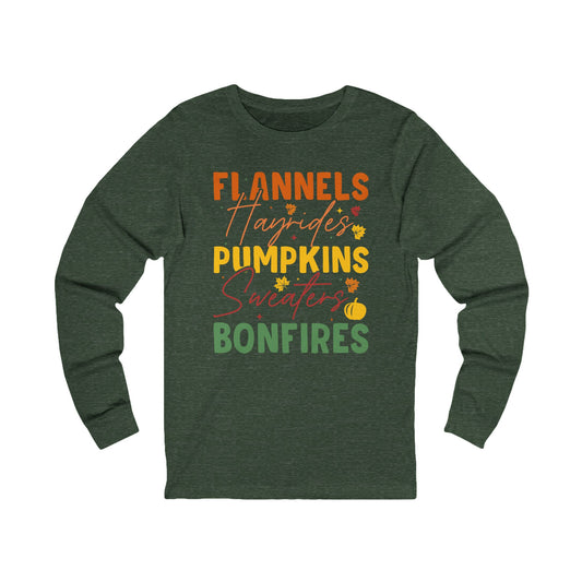 Cozy Autumn Long Sleeve Tee, Flannels, Pumpkins, Bonfires Shirt, Perfect for Fall Celebrations and Gatherings
