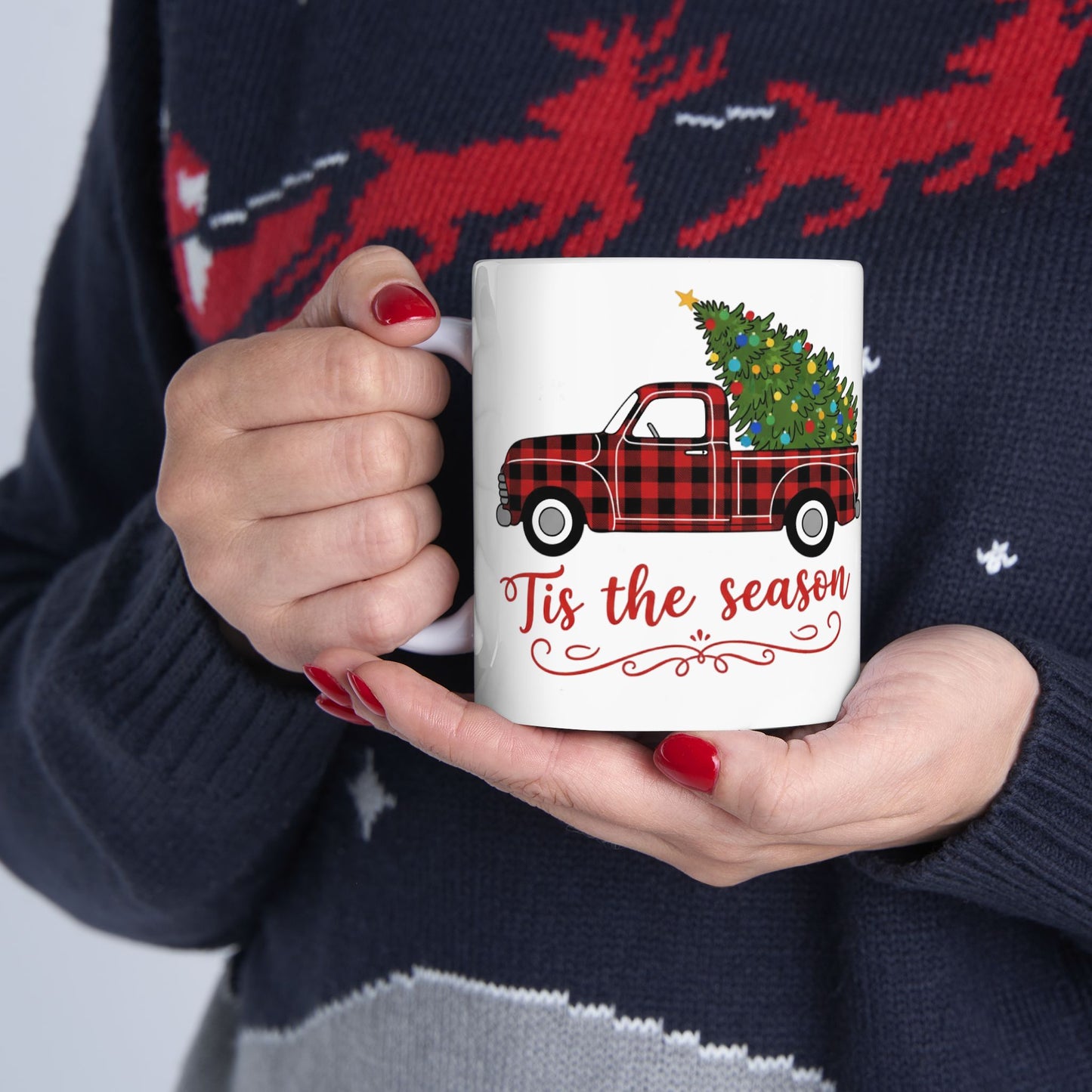 Tis the Season Truck Ceramic Mug, Holiday Coffee Cup, Festive Drinkware, Seasonal Gift, Cozy Mug for Winter Cheer