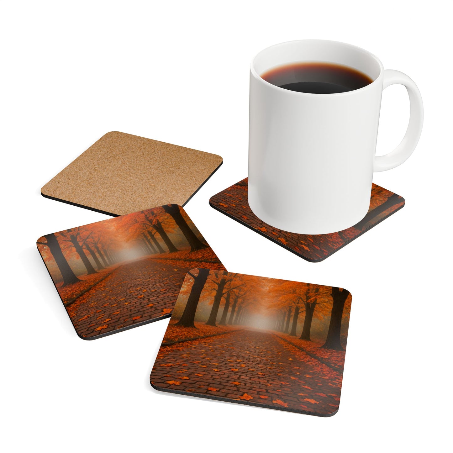Autumn-Inspired Corkwood Coaster Set, Fall Decor, Home Bar Accessories, Rustic Kitchen Gift, Seasonal Tableware, Ideal for Thanksgiving