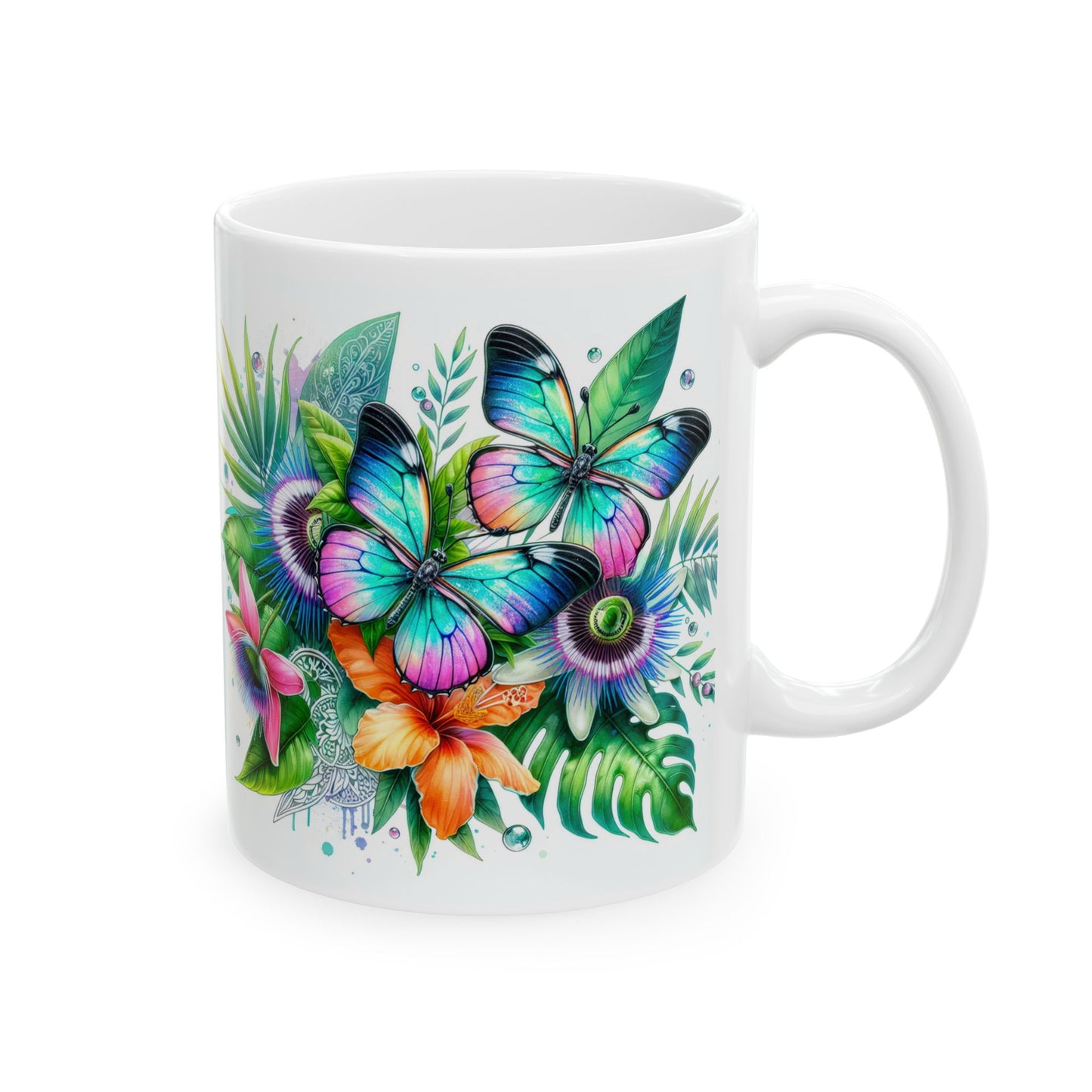 Tropical Floral Ceramic Mug - Vibrant Butterfly Design for Coffee Lovers, Gift for Her, Home Décor, Greenery Lover, Tropical Vibe