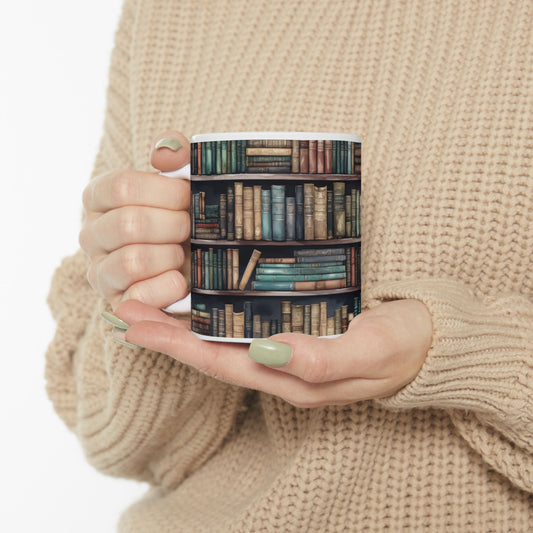 Bookshelf Reading Ceramic Mug - Cozy Coffee Cup, Book Lover Gift, Literary Style Kitchenware, Reading Nook Essential