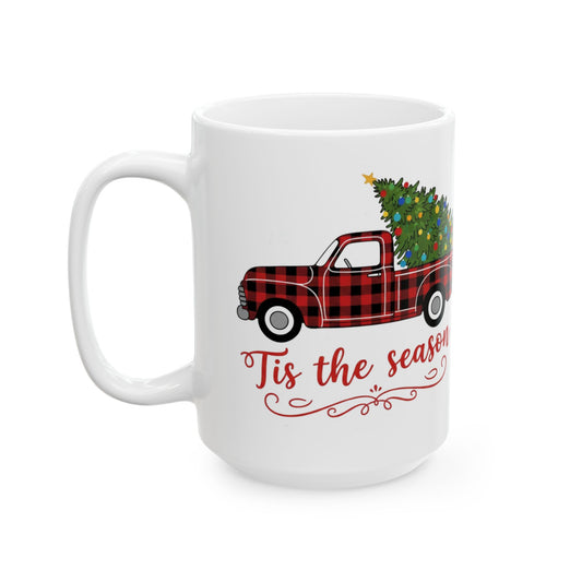 Tis the Season Truck Ceramic Mug, Holiday Coffee Cup, Festive Drinkware, Seasonal Gift, Cozy Mug for Winter Cheer