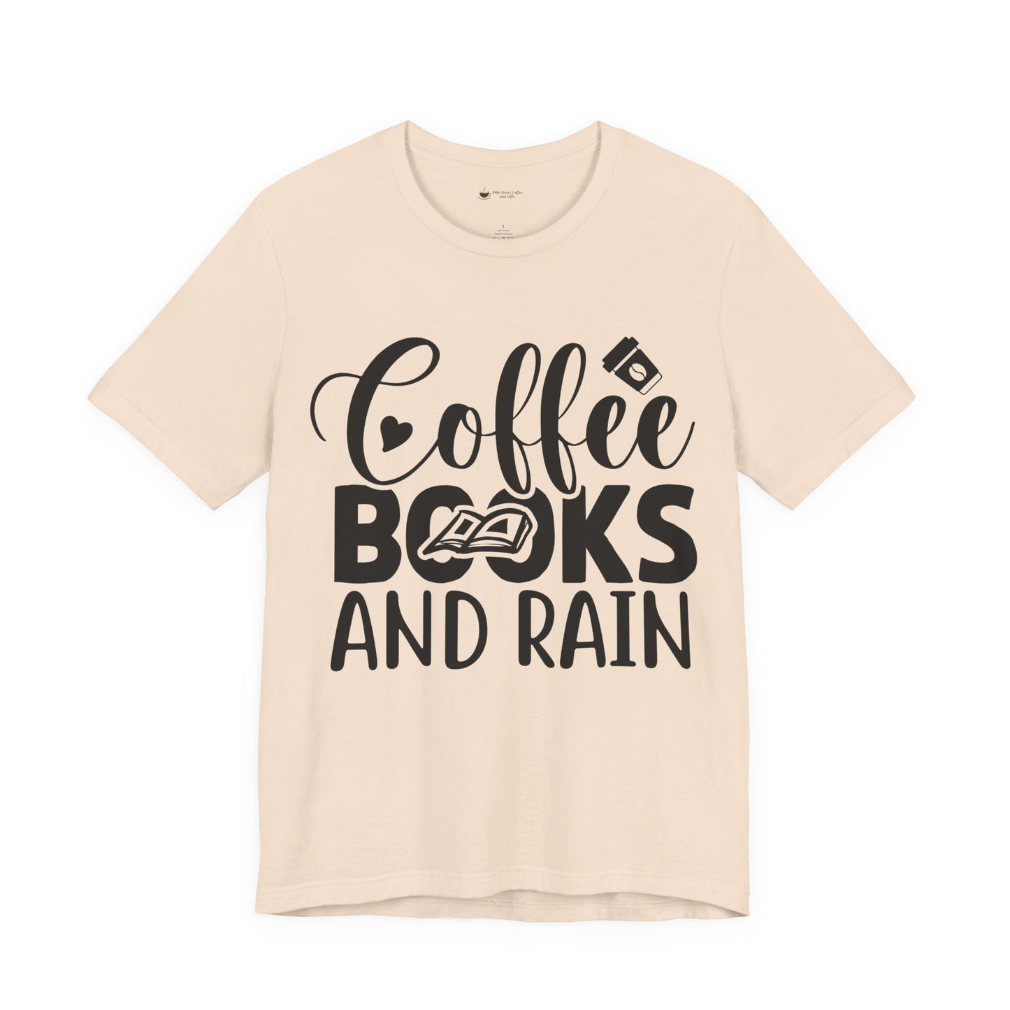 Coffee Books & Rain Tee, Unisex T-Shirt for Coffee Lovers, Perfect for Gifts, Daily Wear, Casual Style, Motivational Apparel