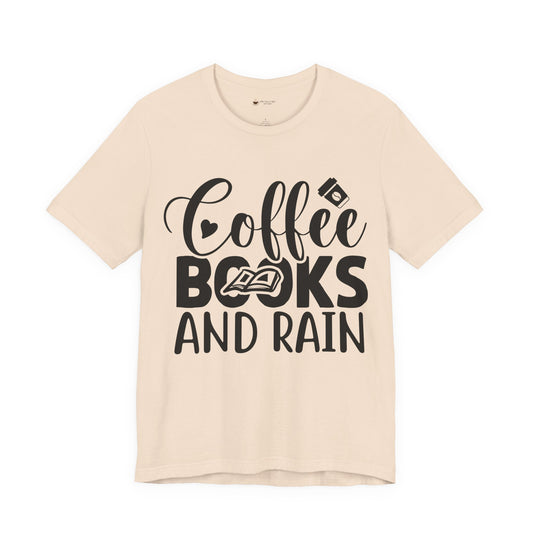 Coffee Books & Rain Tee, Unisex T-Shirt for Coffee Lovers, Perfect for Gifts, Daily Wear, Casual Style, Motivational Apparel