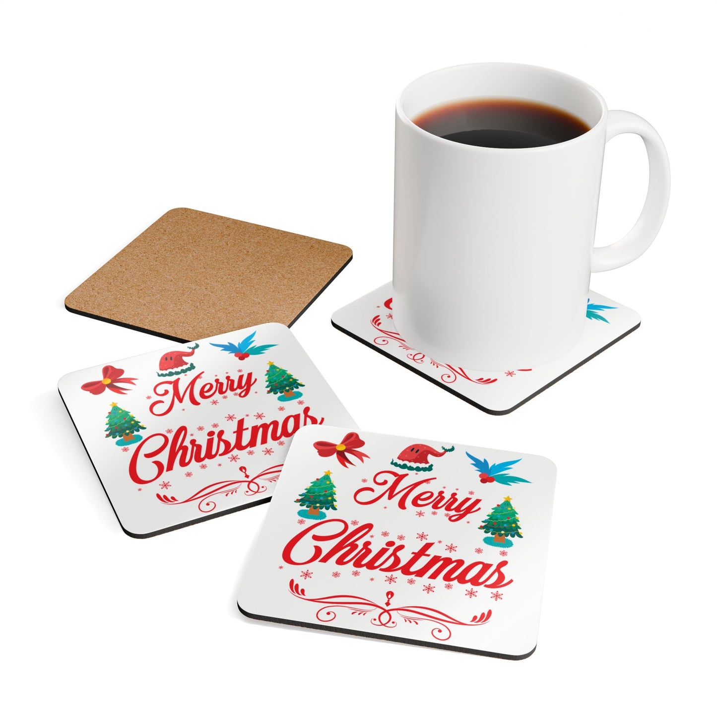 Festive Coaster Set, Merry Christmas Decor, Holiday Gift, Home Bar Accessories, Rustic Cork Coasters, Eco-Friendly Drinkware