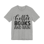 Coffee Books & Rain Tee, Unisex T-Shirt for Coffee Lovers, Perfect for Gifts, Daily Wear, Casual Style, Motivational Apparel