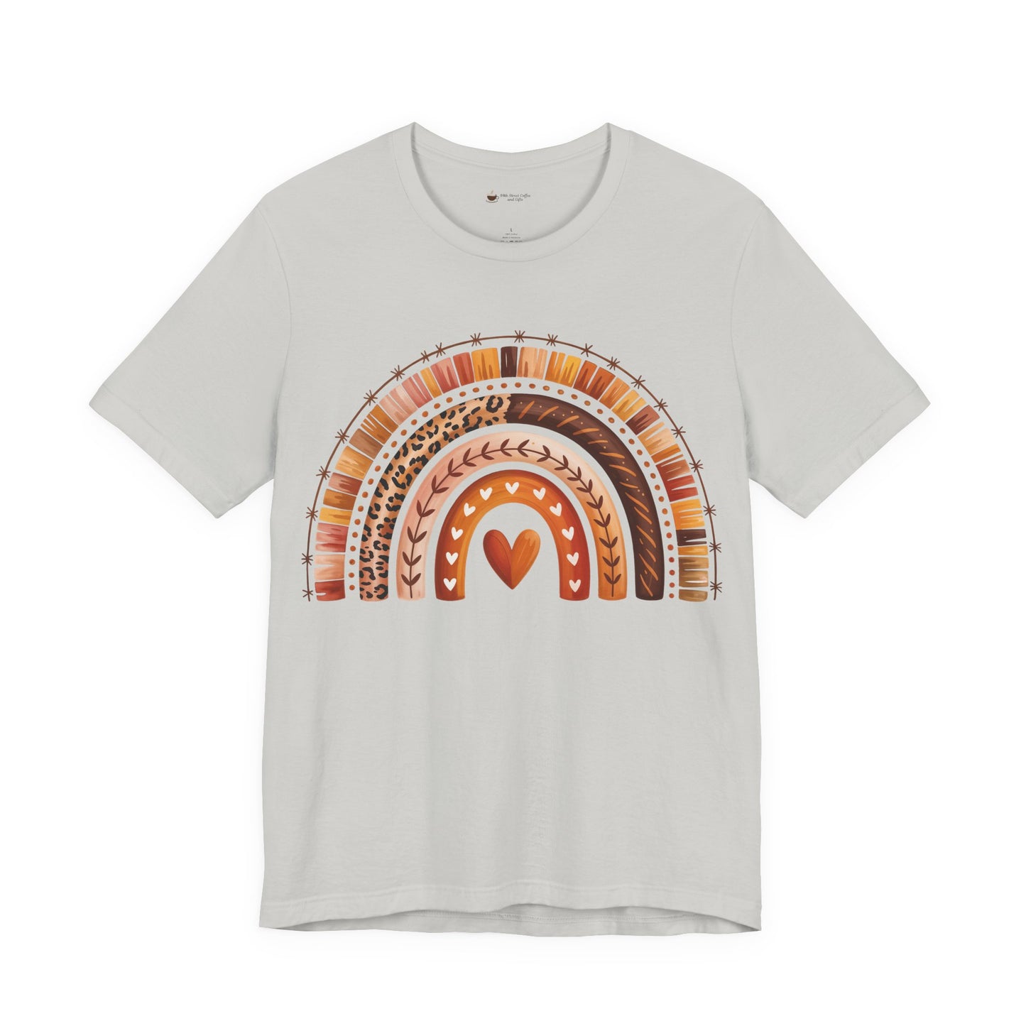 Rainbow Heart Unisex Tee, Casual Summer Shirt, Gift for Her, Cute Graphic Tee, Earthy Tones, Everyday Wear, Baby Shower Gift
