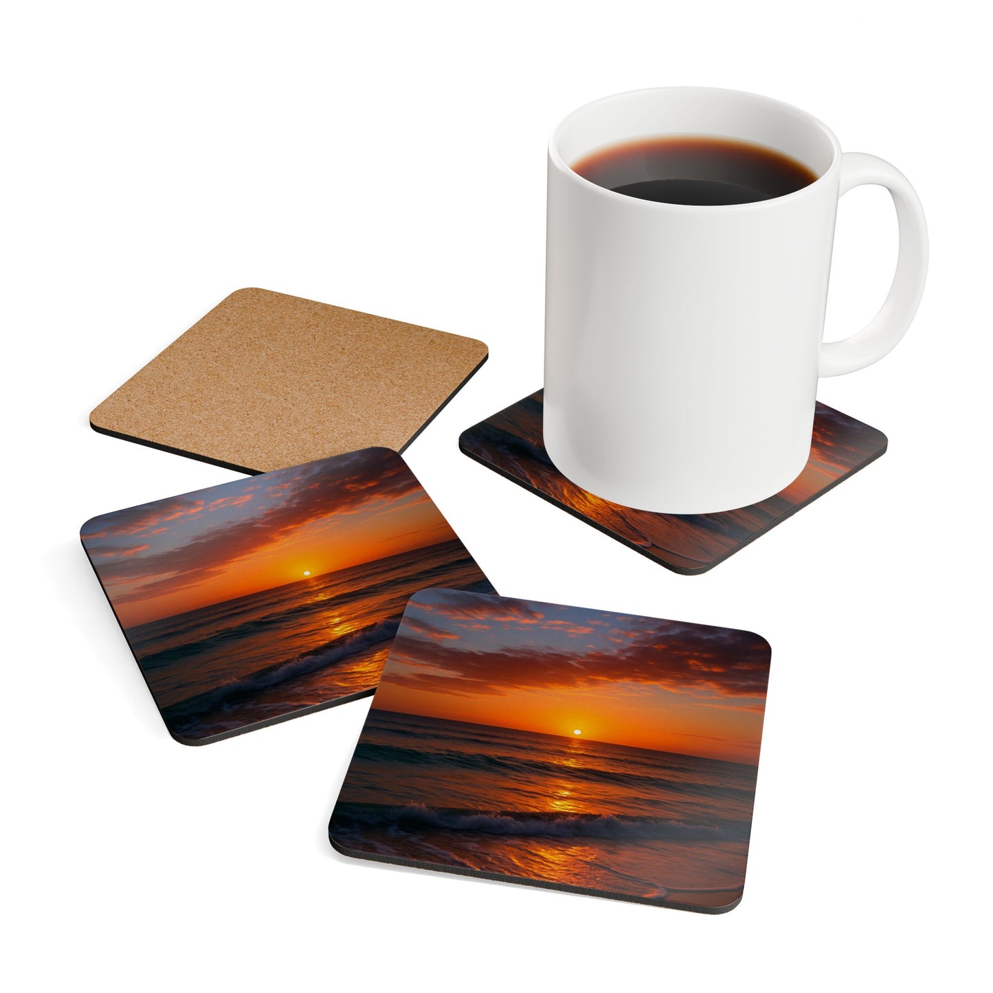 Sunset Corkwood Coaster Set, Eco-Friendly Home Decor, Rustic Tableware, Gift for Housewarmings, Beach Lovers, Drink Coasters