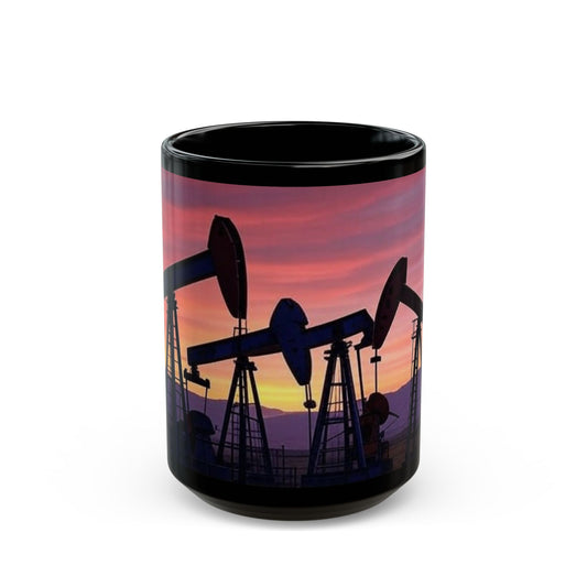 Oil Pump Sunset Mug - Unique Black Coffee Cup for Oilfield Workers, Gift for Him, Coffee Lovers, Home Decor, 11oz, 15oz