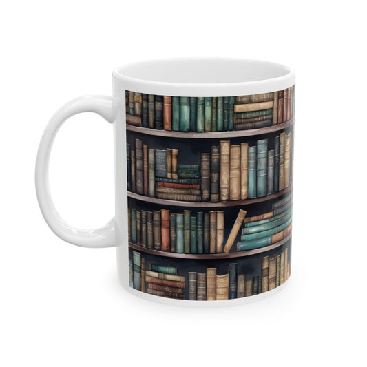 Bookshelf Reading Ceramic Mug - Cozy Coffee Cup, Book Lover Gift, Literary Style Kitchenware, Reading Nook Essential