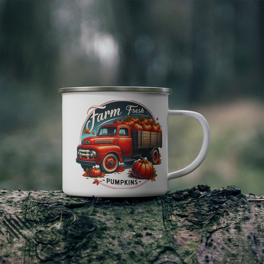 Farm Fresh Pumpkins Enamel Camping Mug - Perfect for Coffee Lovers, Outdoor Adventures, Gift for Campers, Hiking, Travel Mug, Unique Coffee Cup