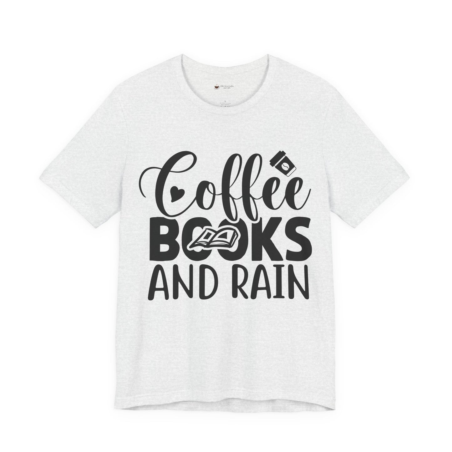 Coffee Books & Rain Tee, Unisex T-Shirt for Coffee Lovers, Perfect for Gifts, Daily Wear, Casual Style, Motivational Apparel