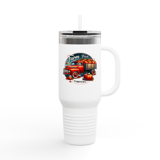 Rustic Farm-Themed Insulated Travel Mug, Fall Coffee Mug, Pumpkin Spice Lover Gift, Road Trip Mug, Autumn Vibes Drinkware