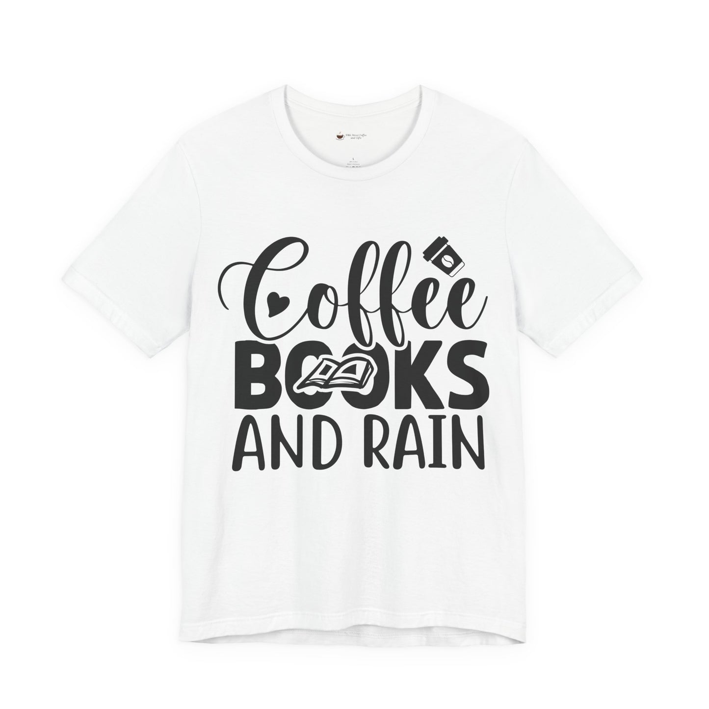 Coffee Books & Rain Tee, Unisex T-Shirt for Coffee Lovers, Perfect for Gifts, Daily Wear, Casual Style, Motivational Apparel