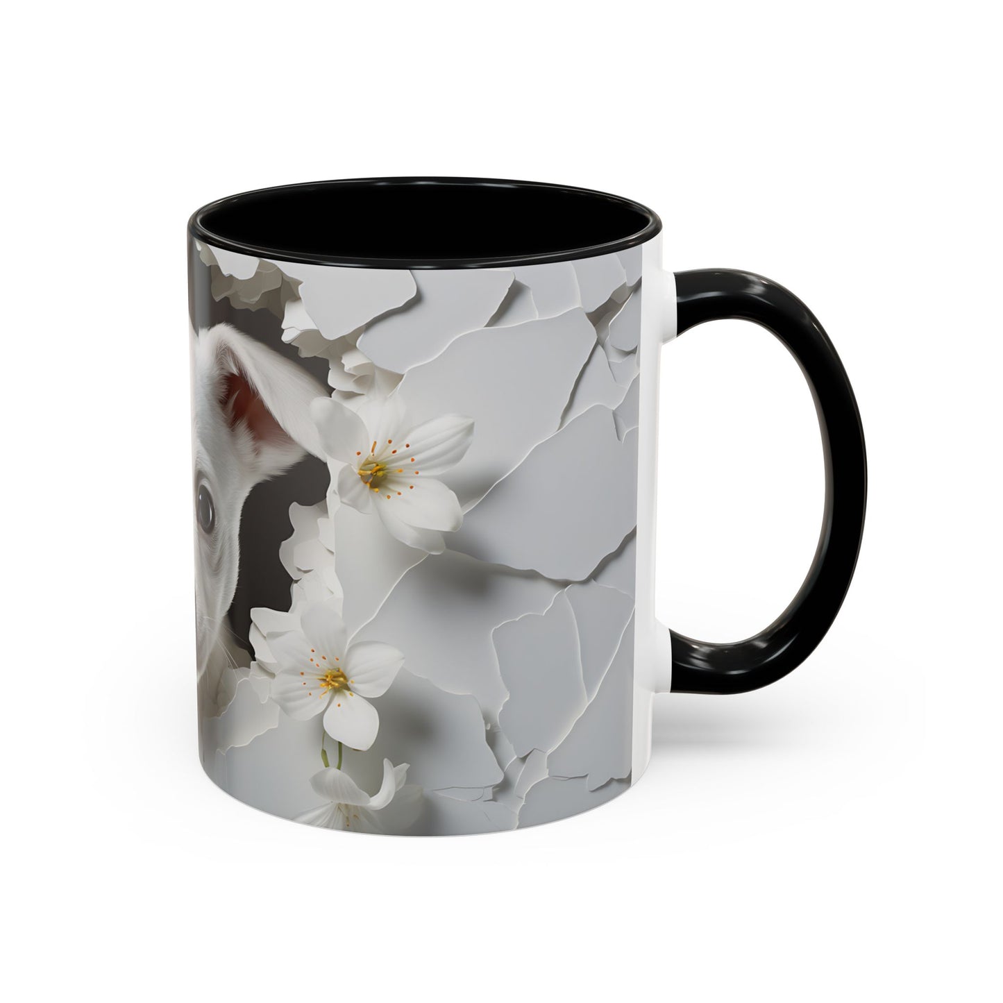 White Puppy Accent Coffee Mug - Cute Dog Lover Gift, Animal Themed Kitchenware, Pet Owner Coffee Cup, Floral Mug, Puppy Decor