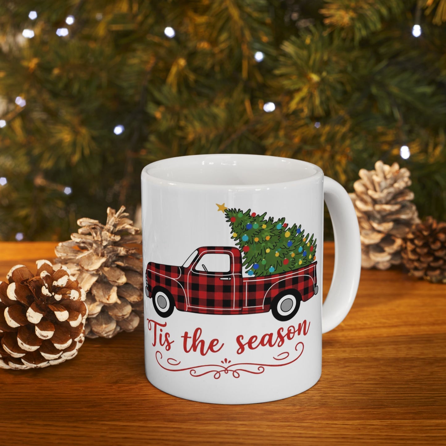 Tis the Season Truck Ceramic Mug, Holiday Coffee Cup, Festive Drinkware, Seasonal Gift, Cozy Mug for Winter Cheer