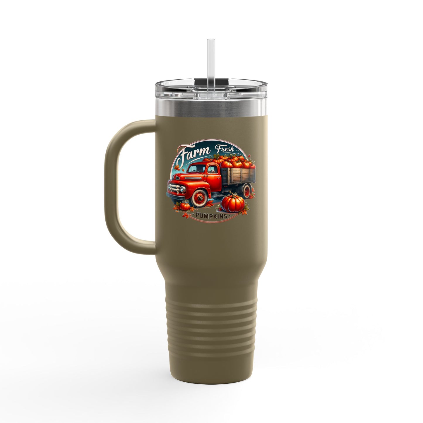 Rustic Farm-Themed Insulated Travel Mug, Fall Coffee Mug, Pumpkin Spice Lover Gift, Road Trip Mug, Autumn Vibes Drinkware