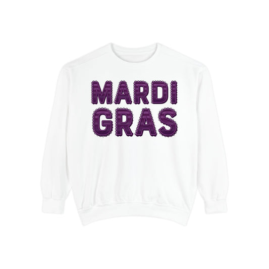 Mardi Gras Sweatshirt – Purple Tinsel Lettering Festival Crewneck