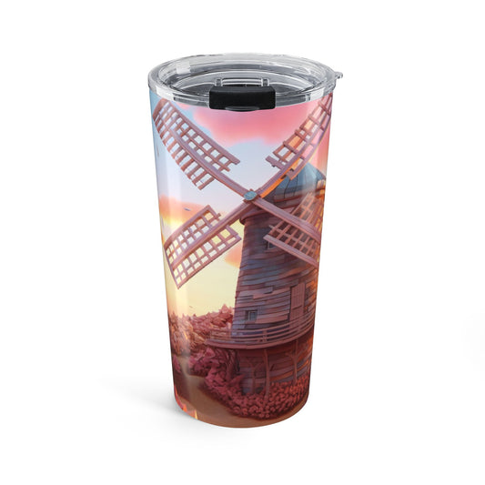 Sunset Windmill Tumbler, 20oz Travel Mug for Coffee Lovers, Outdoor Adventure Insulated Cup, Gift for Nature Enthusiasts