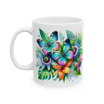 Tropical Floral Ceramic Mug - Vibrant Butterfly Design for Coffee Lovers, Gift for Her, Home Décor, Greenery Lover, Tropical Vibe