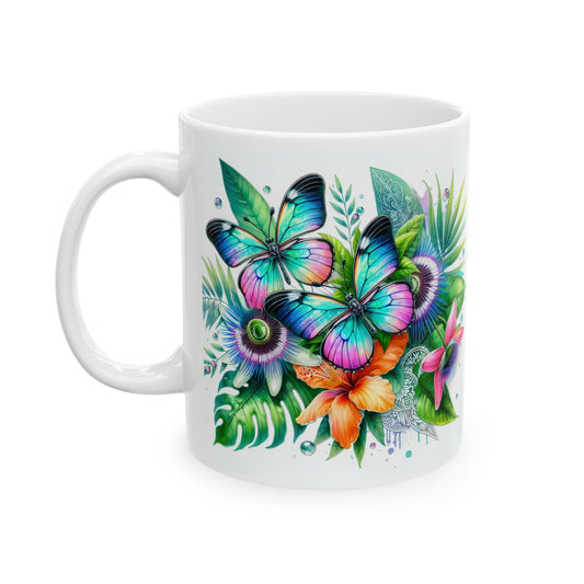 Tropical Floral Ceramic Mug - Vibrant Butterfly Design for Coffee Lovers, Gift for Her, Home Décor, Greenery Lover, Tropical Vibe