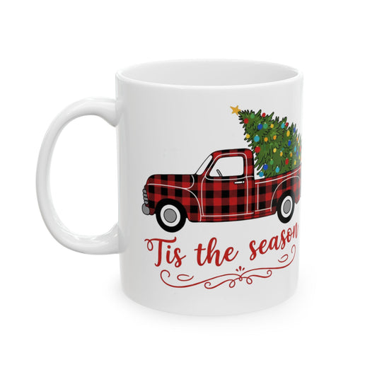 Tis the Season Truck Ceramic Mug, Holiday Coffee Cup, Festive Drinkware, Seasonal Gift, Cozy Mug for Winter Cheer