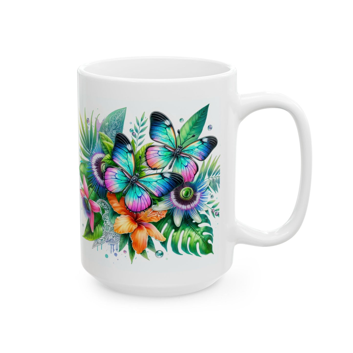 Tropical Floral Ceramic Mug - Vibrant Butterfly Design for Coffee Lovers, Gift for Her, Home Décor, Greenery Lover, Tropical Vibe