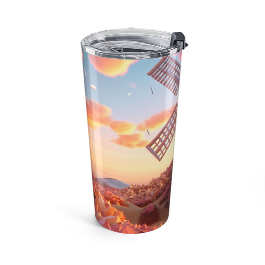 Sunset Windmill Tumbler, 20oz Travel Mug for Coffee Lovers, Outdoor Adventure Insulated Cup, Gift for Nature Enthusiasts