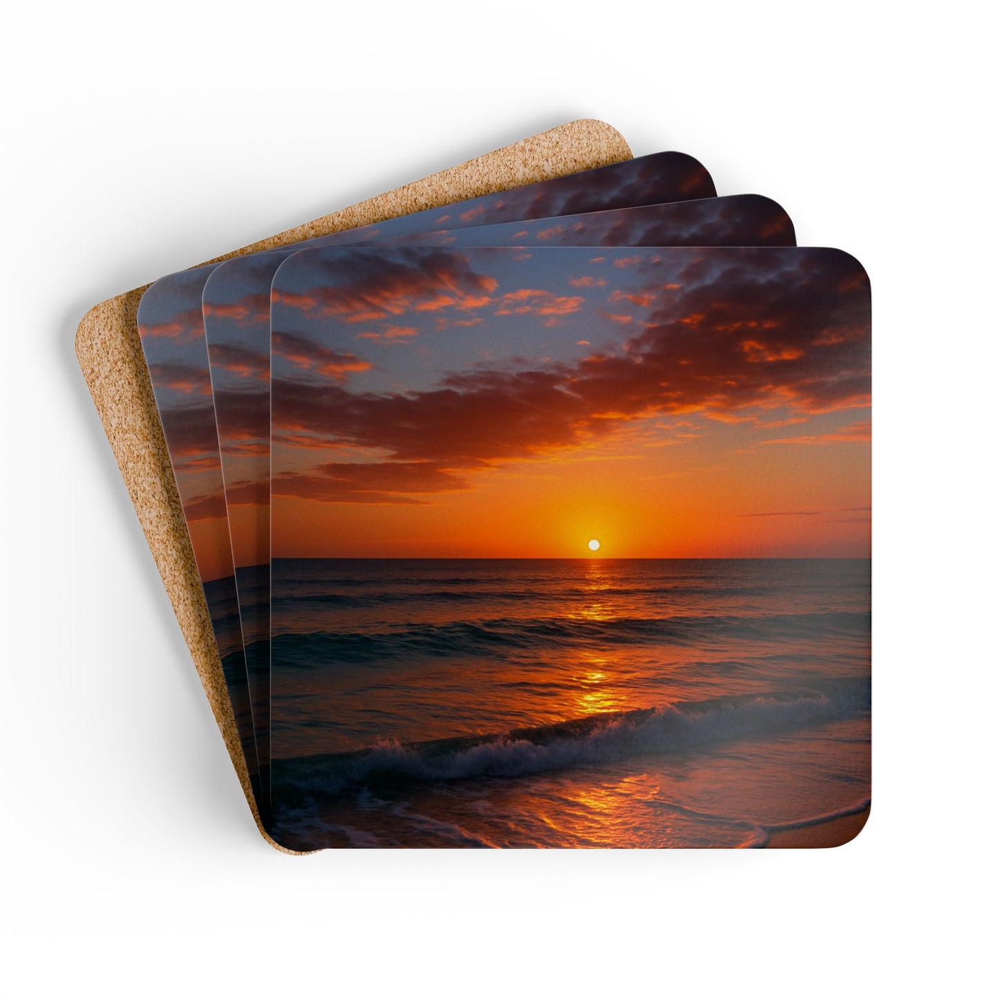 Sunset Corkwood Coaster Set, Eco-Friendly Home Decor, Rustic Tableware, Gift for Housewarmings, Beach Lovers, Drink Coasters