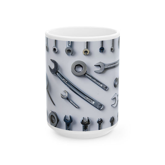 Handy Tools Ceramic Mug for Mechanics, Gifts for Dad, Unique Coffee Cup, Tool Lover's Mug, Automotive Theme Mug
