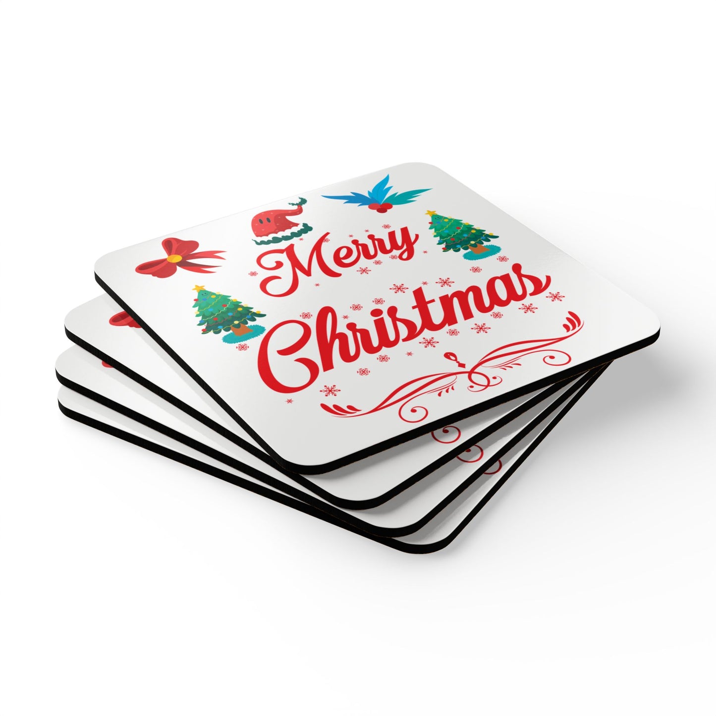 Festive Coaster Set, Merry Christmas Decor, Holiday Gift, Home Bar Accessories, Rustic Cork Coasters, Eco-Friendly Drinkware
