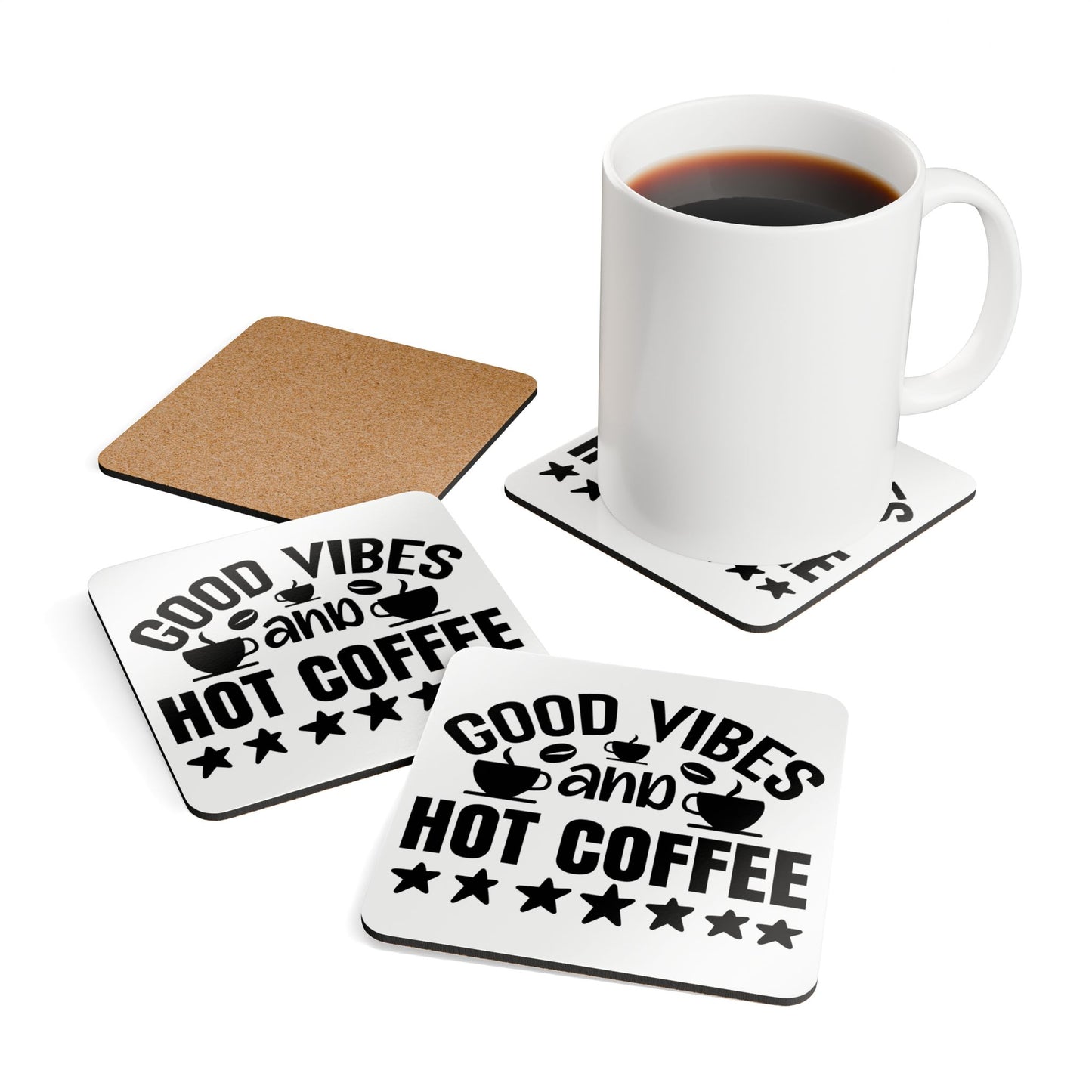 Good Vibes Corkwood Coaster Set - Eco-Friendly Drinkware, Kitchen Decor, Gift for Coffee Lovers, Housewarming Present, Home Barware