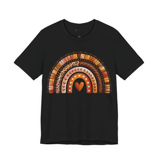 Rainbow Heart Unisex Tee, Casual Summer Shirt, Gift for Her, Cute Graphic Tee, Earthy Tones, Everyday Wear, Baby Shower Gift