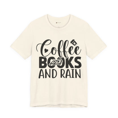 Coffee Books & Rain Tee, Unisex T-Shirt for Coffee Lovers, Perfect for Gifts, Daily Wear, Casual Style, Motivational Apparel