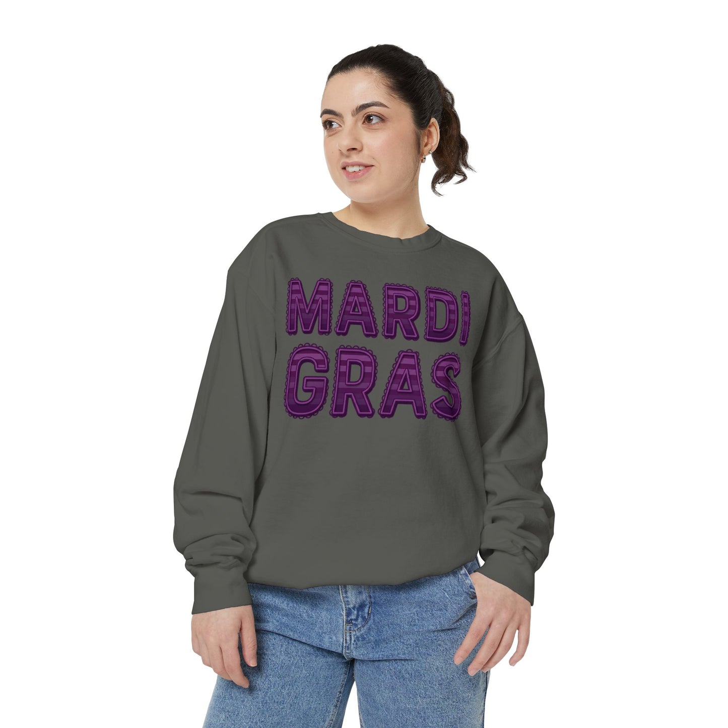 Mardi Gras Sweatshirt – Purple Tinsel Lettering Festival Crewneck
