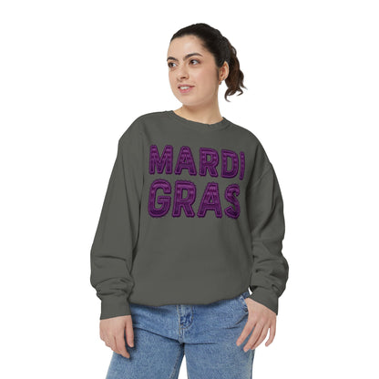 Mardi Gras Sweatshirt – Purple Tinsel Lettering Festival Crewneck