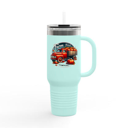 Rustic Farm-Themed Insulated Travel Mug, Fall Coffee Mug, Pumpkin Spice Lover Gift, Road Trip Mug, Autumn Vibes Drinkware