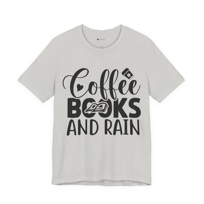 Coffee Books & Rain Tee, Unisex T-Shirt for Coffee Lovers, Perfect for Gifts, Daily Wear, Casual Style, Motivational Apparel