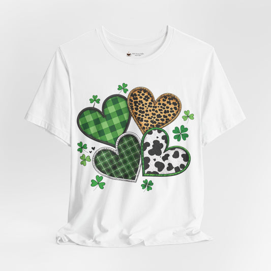 St. Patrick’s Heart Shamrock Tee – Green Plaid, Leopard & Cow Print Hearts