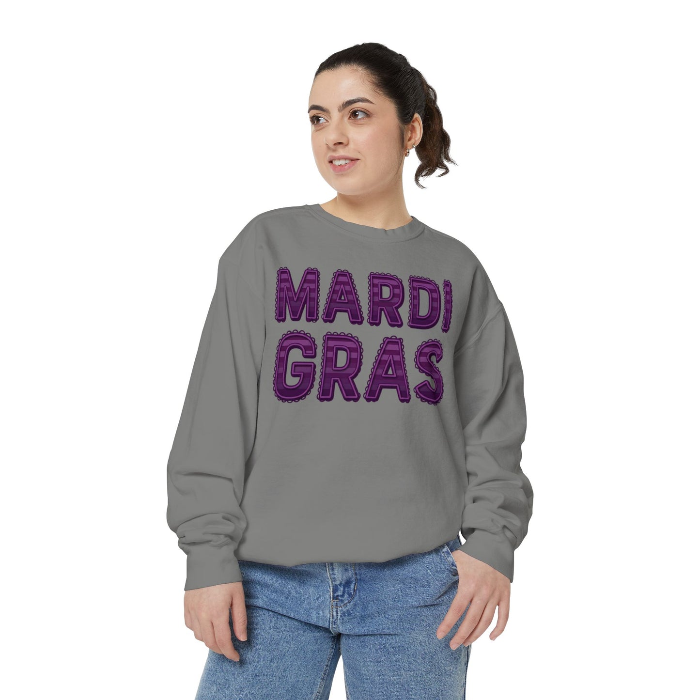 Mardi Gras Sweatshirt – Purple Tinsel Lettering Festival Crewneck