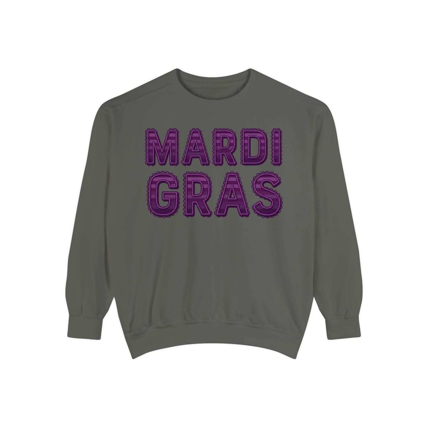 Mardi Gras Sweatshirt – Purple Tinsel Lettering Festival Crewneck