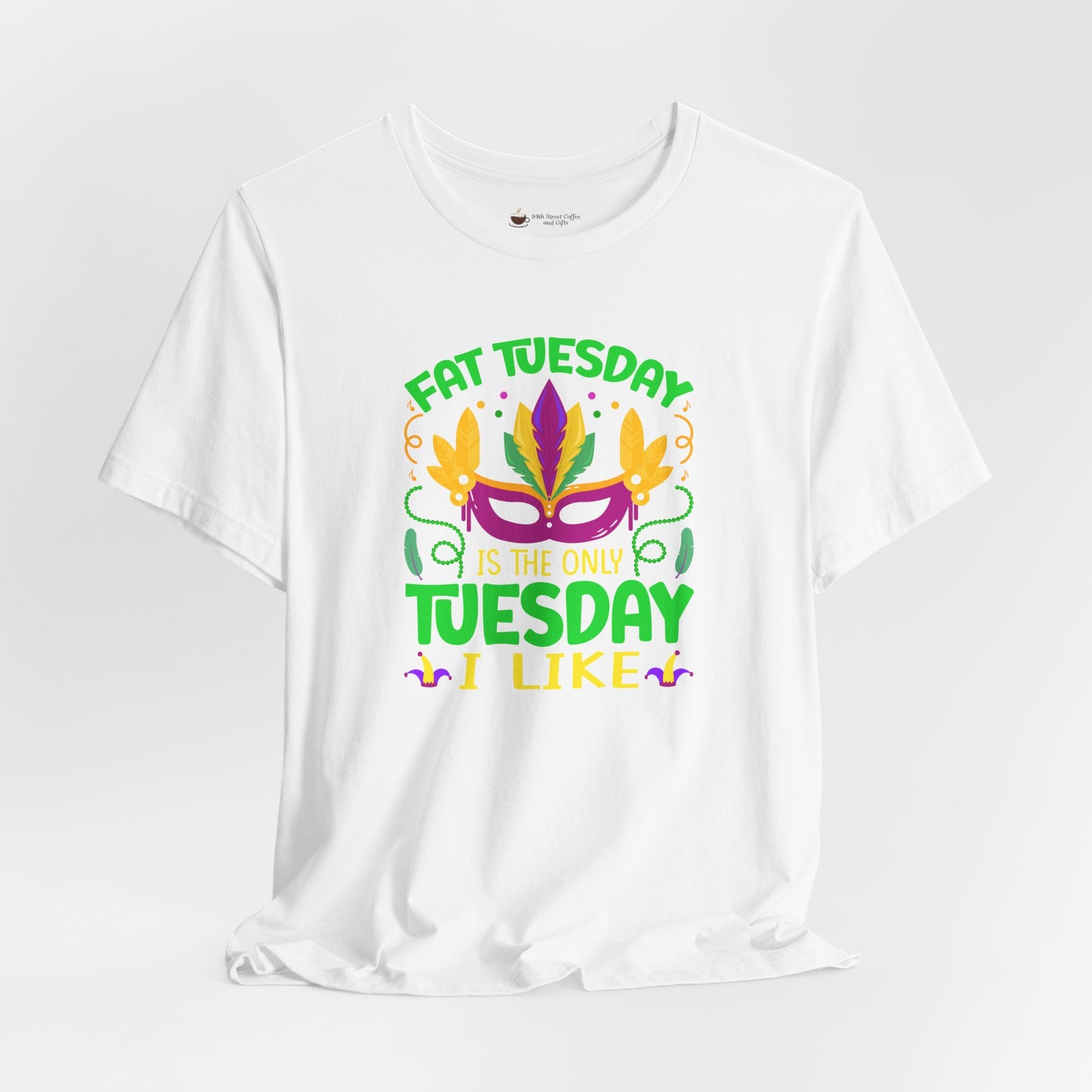 Mardi Gras 'Fat Tuesday' Tee — Carnival Mask & Feather Graphic